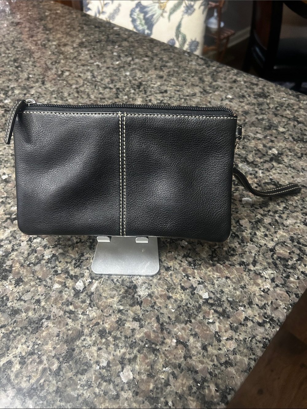 Black Leather Wristlet Clutch with Contrast Stitching